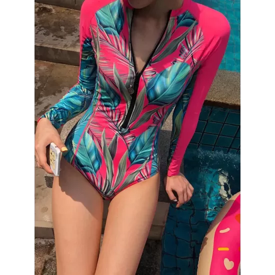 Fashion Leaves Print Zipper Sexy Surfing Slim One-Piece Wetsuit Swimwear Fashion Leaves Print Zipper Sexy Surfing Slim One-Piece Wetsuit Swimwear