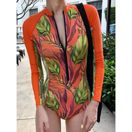 Fashion Leaves Print Zipper Sexy Surfing Slim One-Piece Wetsuit Swimwear Fashion Leaves Print Zipper Sexy Surfing Slim One-Piece Wetsuit Swimwear