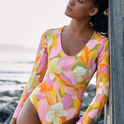 U-Neck Long Sleeve Floral Print Sexy Slim One-Piece Wetsuit Swimwear