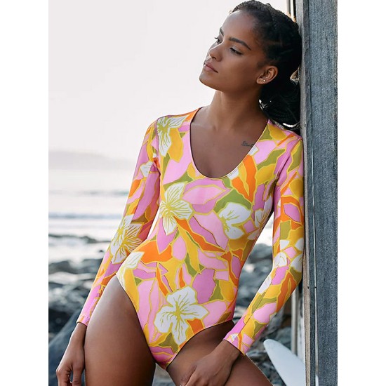 U-Neck Long Sleeve Floral Print Sexy Slim One-Piece Wetsuit Swimwear U-Neck Long Sleeve Floral Print Sexy Slim One-Piece Wetsuit Swimwear