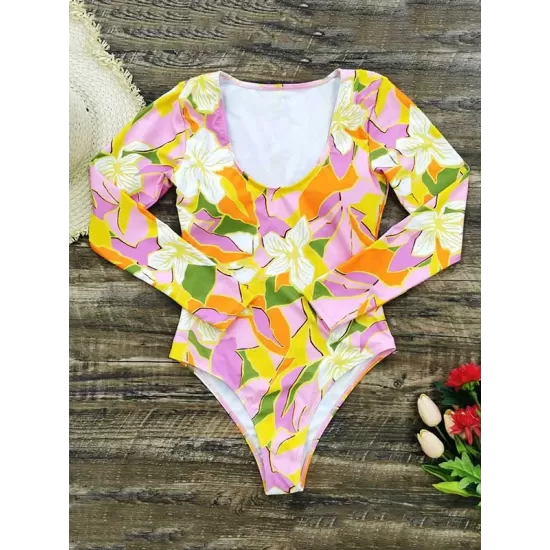 U-Neck Long Sleeve Floral Print Sexy Slim One-Piece Wetsuit Swimwear U-Neck Long Sleeve Floral Print Sexy Slim One-Piece Wetsuit Swimwear