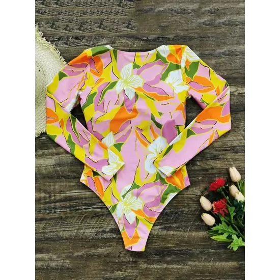 U-Neck Long Sleeve Floral Print Sexy Slim One-Piece Wetsuit Swimwear U-Neck Long Sleeve Floral Print Sexy Slim One-Piece Wetsuit Swimwear