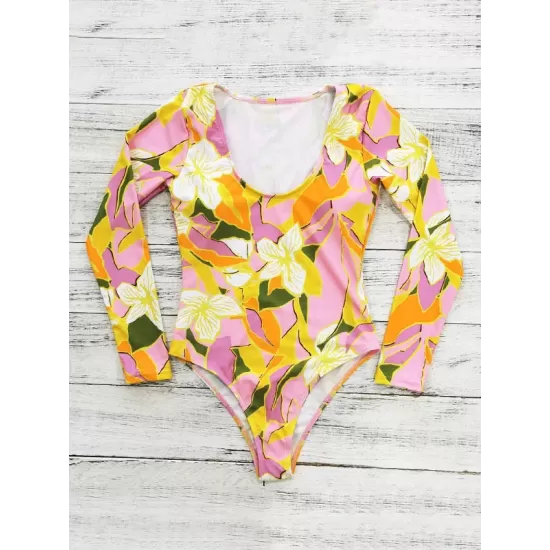U-Neck Long Sleeve Floral Print Sexy Slim One-Piece Wetsuit Swimwear U-Neck Long Sleeve Floral Print Sexy Slim One-Piece Wetsuit Swimwear