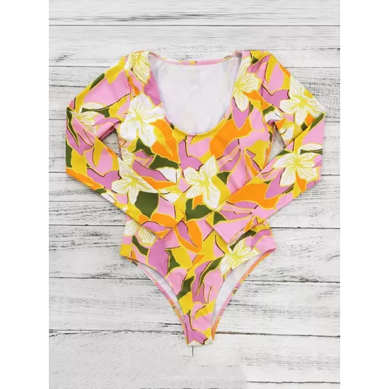 U-Neck Long Sleeve Floral Print Sexy Slim One-Piece Wetsuit Swimwear U-Neck Long Sleeve Floral Print Sexy Slim One-Piece Wetsuit Swimwear