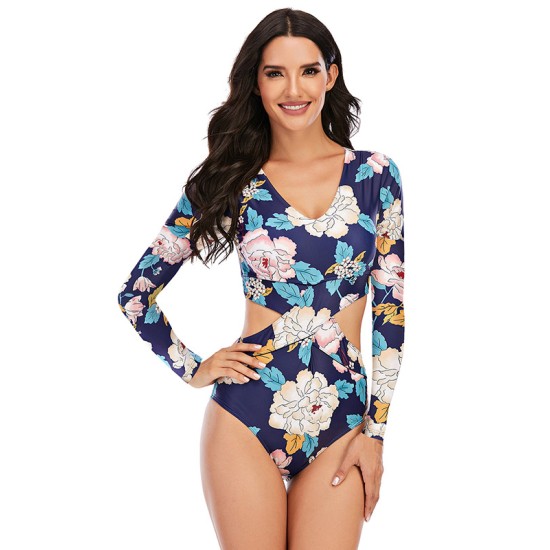 Belly-Hollow Floral Print Long Sleeve V-Neck One-Piece Wetsuit Swimwear Belly-Hollow Floral Print Long Sleeve V-Neck One-Piece Wetsuit Swimwear