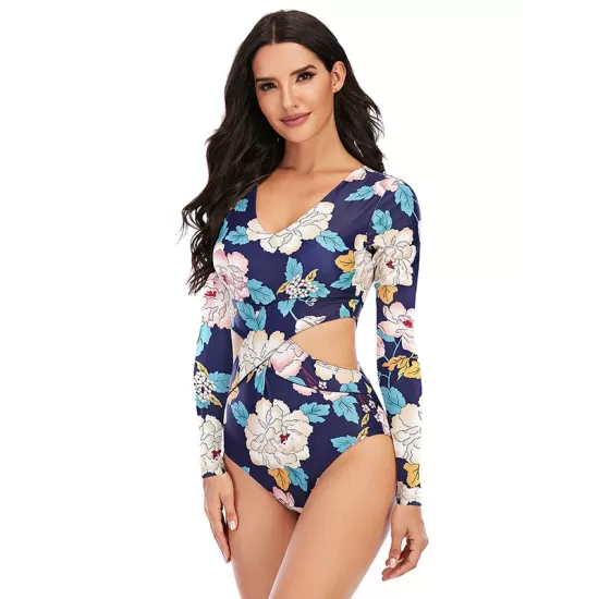 Belly-Hollow Floral Print Long Sleeve V-Neck One-Piece Wetsuit Swimwear Belly-Hollow Floral Print Long Sleeve V-Neck One-Piece Wetsuit Swimwear