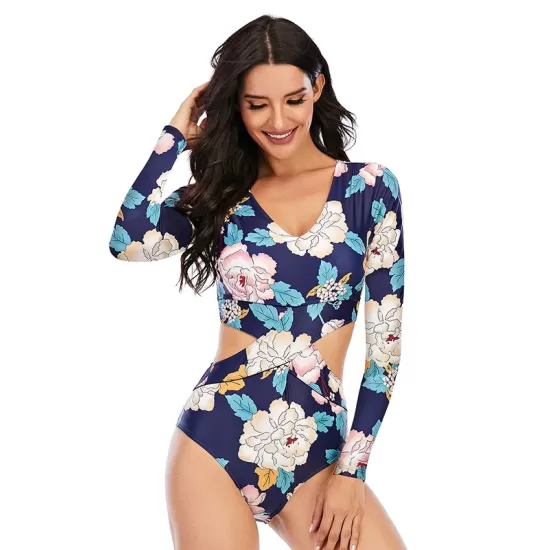 Belly-Hollow Floral Print Long Sleeve V-Neck One-Piece Wetsuit Swimwear Belly-Hollow Floral Print Long Sleeve V-Neck One-Piece Wetsuit Swimwear