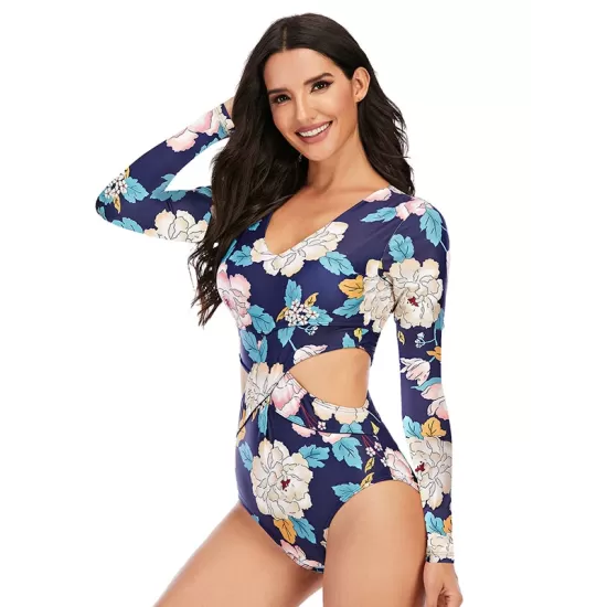 Belly-Hollow Floral Print Long Sleeve V-Neck One-Piece Wetsuit Swimwear Belly-Hollow Floral Print Long Sleeve V-Neck One-Piece Wetsuit Swimwear