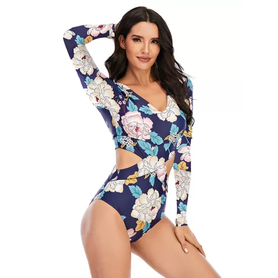 Belly-Hollow Floral Print Long Sleeve V-Neck One-Piece Wetsuit Swimwear Belly-Hollow Floral Print Long Sleeve V-Neck One-Piece Wetsuit Swimwear
