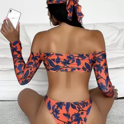 Floral Printed Off-Shoulder Long-Sleeves Wetsuit