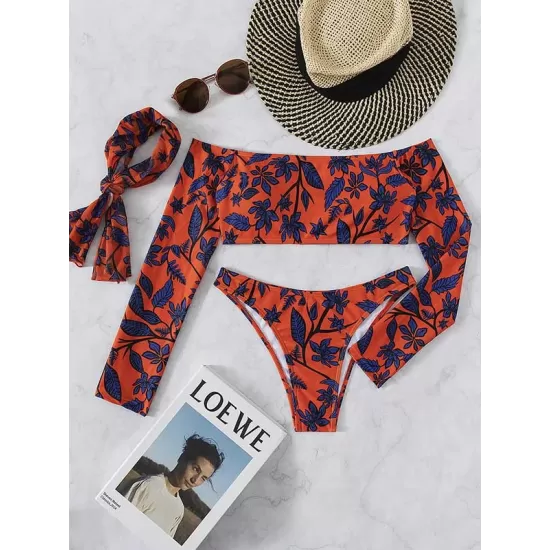 Floral Printed Off-Shoulder Long-Sleeves Wetsuit Floral Printed Off-Shoulder Long-Sleeves Wetsuit