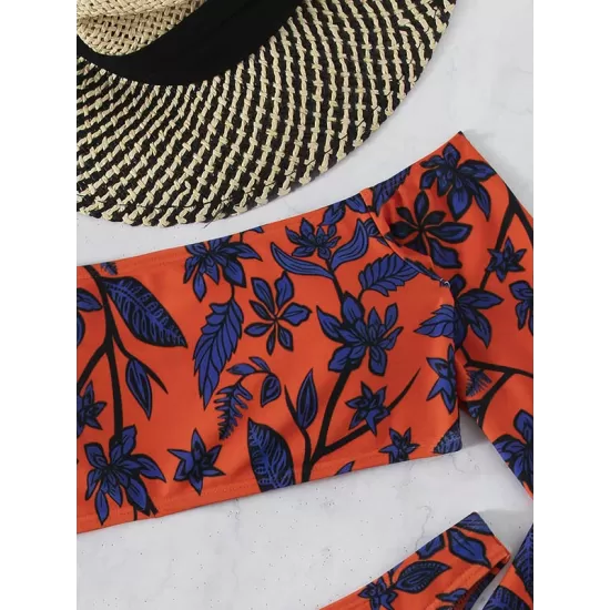 Floral Printed Off-Shoulder Long-Sleeves Wetsuit Floral Printed Off-Shoulder Long-Sleeves Wetsuit