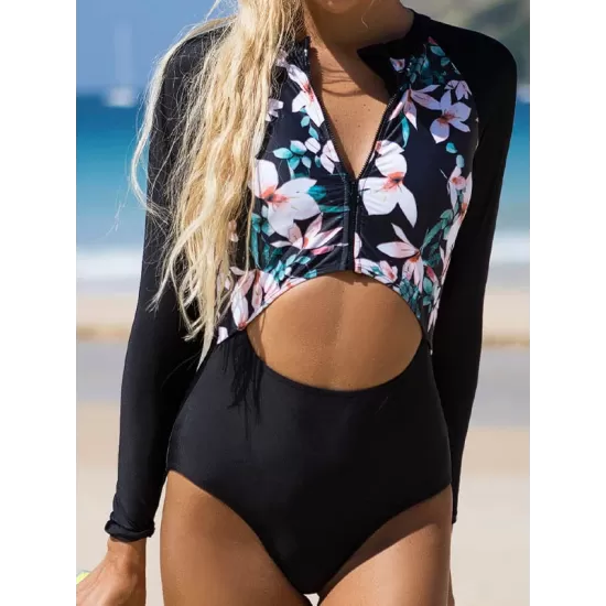 Long-Sleeves Hollow Floral Printed One-Piece Wetsuit Long-Sleeves Hollow Floral Printed One-Piece Wetsuit