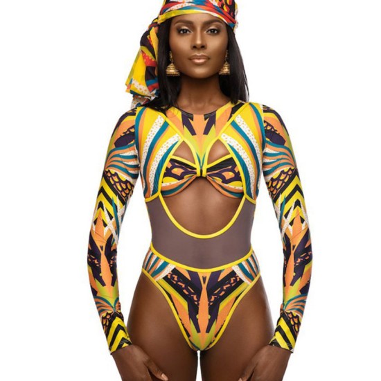 Long Sleeves Hollow Ethnic Printed Backless One-Piece Swimwear Long Sleeves Hollow Ethnic Printed Backless One-Piece Swimwear