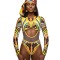 Long Sleeves Hollow Ethnic Printed Backless One-Piece Swimwear
