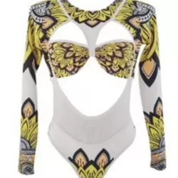 Long Sleeves Hollow Ethnic Printed Backless One-Piece Swimwear