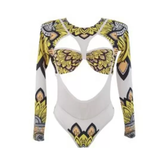 Long Sleeves Hollow Ethnic Printed Backless One-Piece Swimwear Long Sleeves Hollow Ethnic Printed Backless One-Piece Swimwear