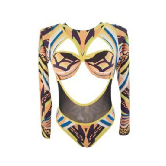 Long Sleeves Hollow Ethnic Printed Backless One-Piece Swimwear Long Sleeves Hollow Ethnic Printed Backless One-Piece Swimwear