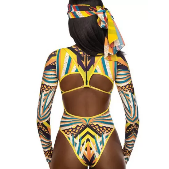 Long Sleeves Hollow Ethnic Printed Backless One-Piece Swimwear Long Sleeves Hollow Ethnic Printed Backless One-Piece Swimwear