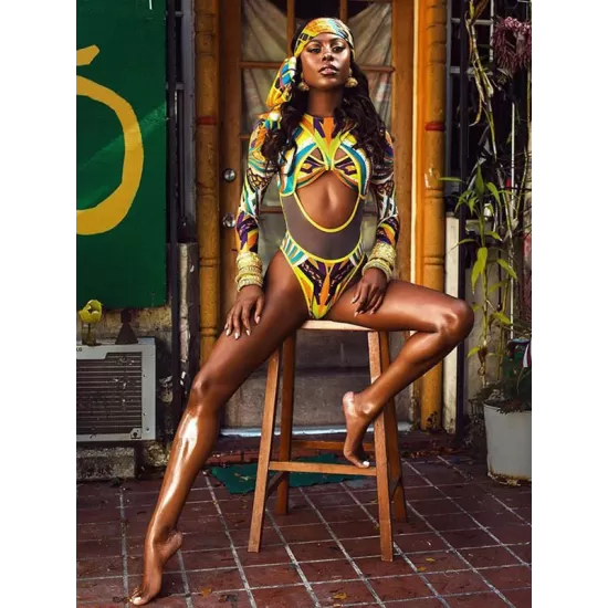 Long Sleeves Hollow Ethnic Printed Backless One-Piece Swimwear Long Sleeves Hollow Ethnic Printed Backless One-Piece Swimwear