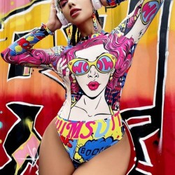 Artistic Illustration Printed Long Sleeves Backless Wetsuits
