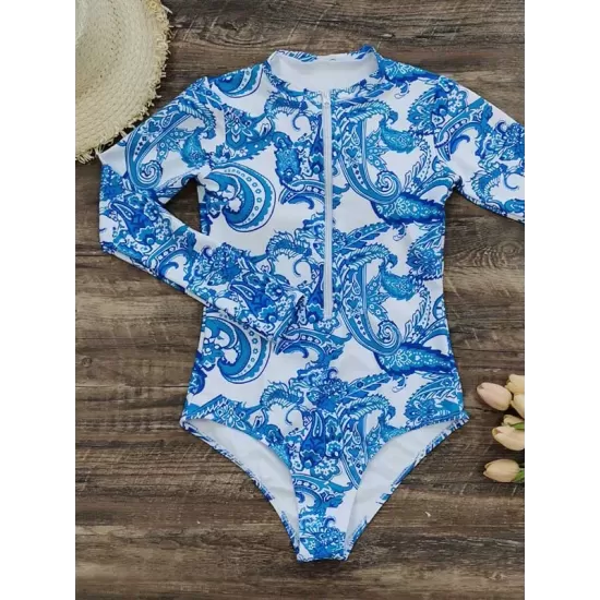 Long-Sleeves Floral Printed Zipper One-Piece Wetsuits Long-Sleeves Floral Printed Zipper One-Piece Wetsuits