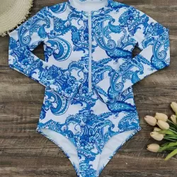 Long-Sleeves Floral Printed Zipper One-Piece Wetsuits