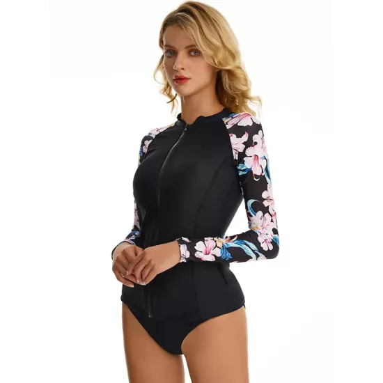 Long Sleeves Zipper Split-Joint Floral Printed One-Piece Wetsuits Long Sleeves Zipper Split-Joint Floral Printed One-Piece Wetsuits