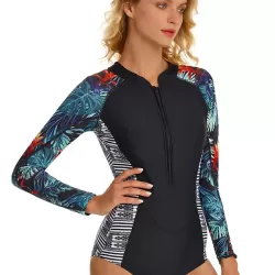 Long Sleeves Split-Joint Floral Printed Zipper One-Piece Wetsuits