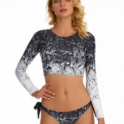 Floral Printed Bandage Backless Long Sleeves Split Wetsuit