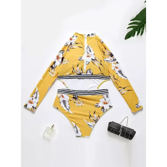 Long-Sleeves Belly-Hollow Floral-Printed One-Piece Wetsuit Long-Sleeves Belly-Hollow Floral-Printed One-Piece Wetsuit