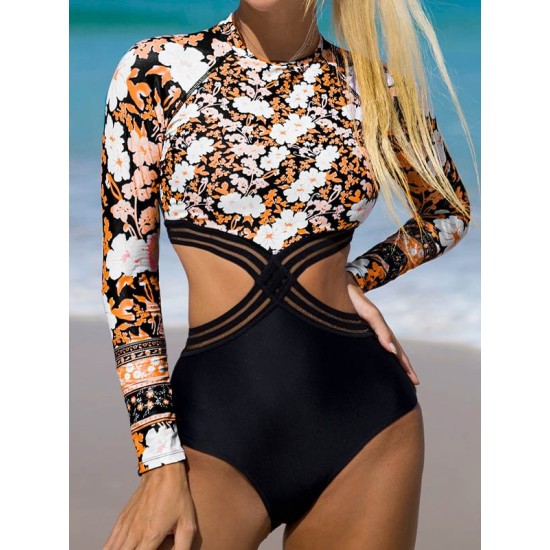 Long-Sleeves Floral Printed Belly-Hollow One-Piece Wetsuits Long-Sleeves Floral Printed Belly-Hollow One-Piece Wetsuits
