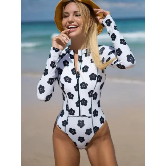 Long Sleeves Floral Printed Zipper One-Piece Wetsuits Long Sleeves Floral Printed Zipper One-Piece Wetsuits