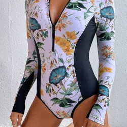 Long Sleeves Zipper Floral Printed Split-Joint One-Piece Wetsuits