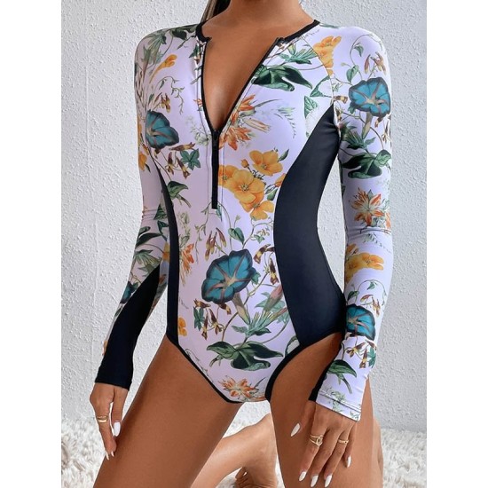 Long Sleeves Zipper Floral Printed Split-Joint One-Piece Wetsuits Long Sleeves Zipper Floral Printed Split-Joint One-Piece Wetsuits