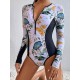 Long Sleeves Zipper Floral Printed Split-Joint One-Piece Wetsuits Long Sleeves Zipper Floral Printed Split-Joint One-Piece Wetsuits