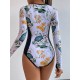 Long Sleeves Zipper Floral Printed Split-Joint One-Piece Wetsuits Long Sleeves Zipper Floral Printed Split-Joint One-Piece Wetsuits