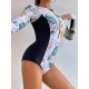 Long Sleeves Zipper Floral Printed Split-Joint One-Piece Wetsuits Long Sleeves Zipper Floral Printed Split-Joint One-Piece Wetsuits