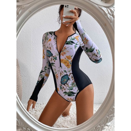 Long Sleeves Zipper Floral Printed Split-Joint One-Piece Wetsuits Long Sleeves Zipper Floral Printed Split-Joint One-Piece Wetsuits