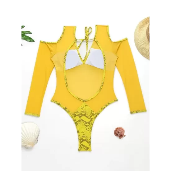 Snake-Print Split-Joint Long Sleeve Backless One-Piece Wetsuits Snake-Print Split-Joint Long Sleeve Backless One-Piece Wetsuits
