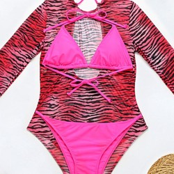 Long Sleeve Zebra Print Mesh Bikini Wetsuit Swimwear