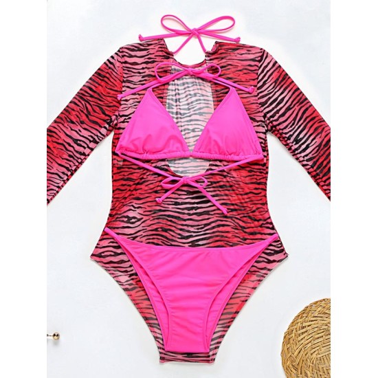 Long Sleeve Zebra Print Mesh Bikini Wetsuit Swimwear Long Sleeve Zebra Print Mesh Bikini Wetsuit Swimwear