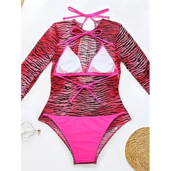 Long Sleeve Zebra Print Mesh Bikini Wetsuit Swimwear Long Sleeve Zebra Print Mesh Bikini Wetsuit Swimwear