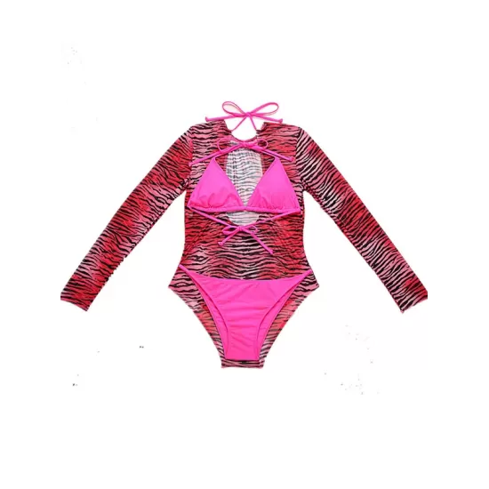 Long Sleeve Zebra Print Mesh Bikini Wetsuit Swimwear Long Sleeve Zebra Print Mesh Bikini Wetsuit Swimwear