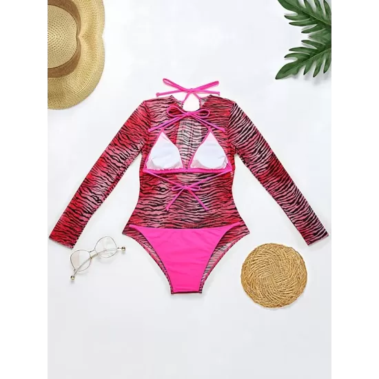 Long Sleeve Zebra Print Mesh Bikini Wetsuit Swimwear Long Sleeve Zebra Print Mesh Bikini Wetsuit Swimwear