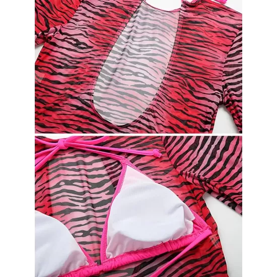 Long Sleeve Zebra Print Mesh Bikini Wetsuit Swimwear Long Sleeve Zebra Print Mesh Bikini Wetsuit Swimwear