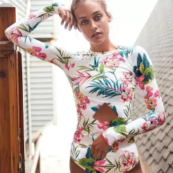 Floral Print Long Sleeve Hollow Zipper Wetsuit Rash Guard Swimwear