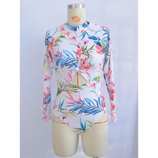 Floral Print Long Sleeve Hollow Zipper Wetsuit Rash Guard Swimwear Floral Print Long Sleeve Hollow Zipper Wetsuit Rash Guard Swimwear