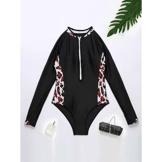 Long Sleeve Color-Block Leopard Print Zipper Wetsuit Long Sleeve Color-Block Leopard Print Zipper Wetsuit