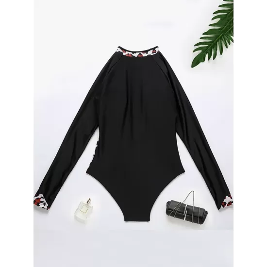 Long Sleeve Color-Block Leopard Print Zipper Wetsuit Long Sleeve Color-Block Leopard Print Zipper Wetsuit